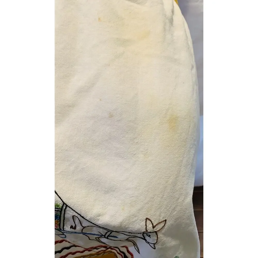 Vintage Apron Women White Yellow Waist Hand Embroidery Handmade Cotton Donkey